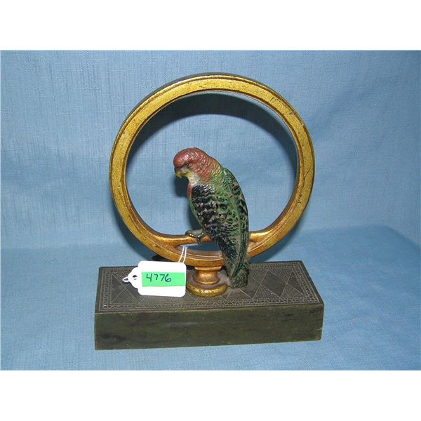 Hand painted cast iron parrot seated in ring door stop circa 1930s