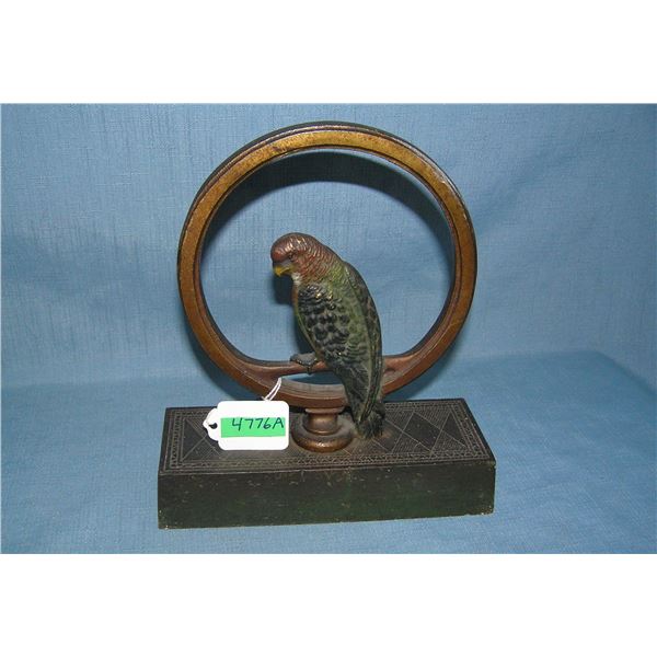 Hand painted cast iron parrot seated in ring door stop circa 1930s