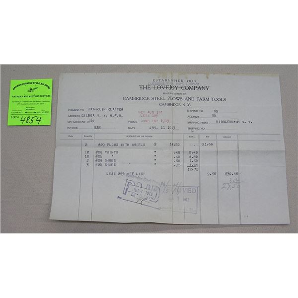 Cambridge steel plow & farm tool co.invoice