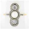 Antique Edwardian 14K Gold & Platinum European Diamond & 5.9mm Pearl Dinner Ring