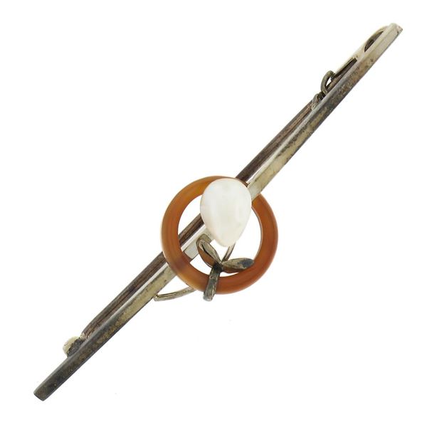 Antique Victorian 9K Gold Round Ring Carnelian w/ Pearl Flower Bar Pin Brooch