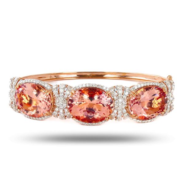 34.82 ctw Morganite and 2.48 ctw Diamond 14K Rose and White Gold Bangle