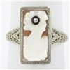 Antique Art Deco 14K White Gold Carved Shell Cameo Diamond Open Filigree Ring