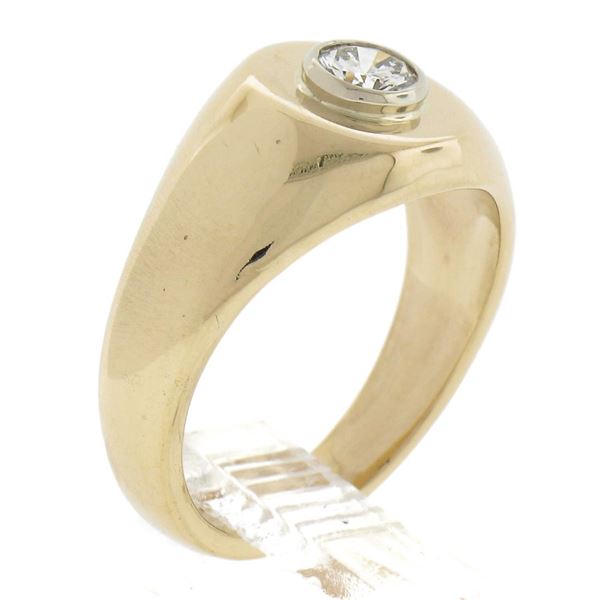 Unisex Solid 14k Gold 0.21 ctw Round Cut Diamond Bezel Solitaire Signet Band Rin