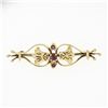 Vintage 14K Yellow Gold Round Blood Red Ruby Foliage Hand Etched Bar Pin Brooch