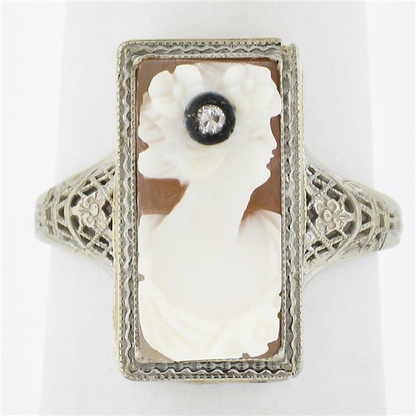 Antique Art Deco 14K White Gold Carved Shell Cameo Diamond Open Filigree Ring