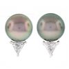Fancy 14k White Gold 11.6mm Tahitian Pearl w/ 0.80 ctw Trillion Diamond Earrings