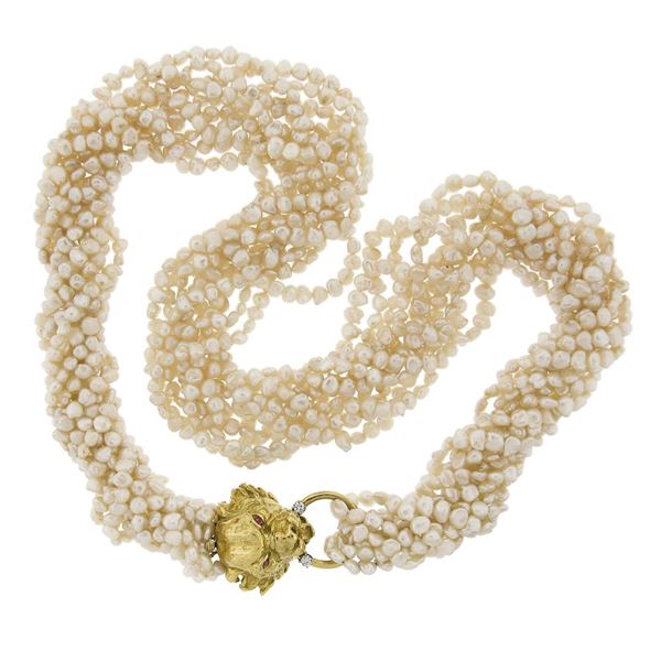 18k Yellow Gold Lion Head Clasp 30" Fresh Water Pearl Multi Strand Necklace