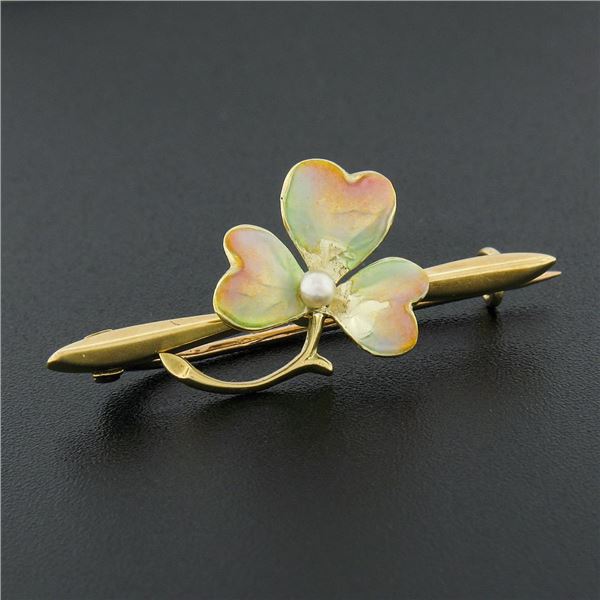 15k Gold Seed Pearl Matte Pastel Green & Pink Enamel Clover Leaf Brooch Pin