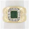 Estate 14k Yellow Gold 1.56 ctw Green Emerald & Channel Set Diamond Wide Band Ri
