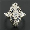 Image 8 : Antique Art Deco 18K Gold .12 ctw Diamond & Sapphire Filigree Navette Dinner Rin