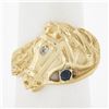 Estate 14K Yellow Gold Detailed Horse Head Band Ring w/ 0.10 Diamond & Sapphire