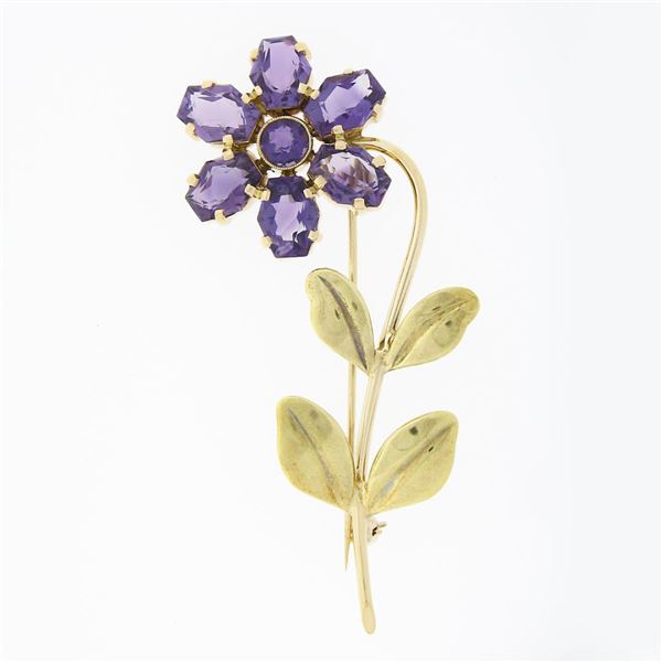 Vintage Allsopp Bliss 14k Two Tone Gold 10.55 ctw Amethyst Large Flower Brooch P