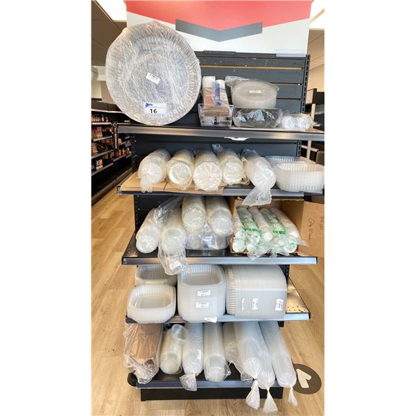 2 SHELVES OF ASSORTED DISPOSABLE FOOD CONTAINERS