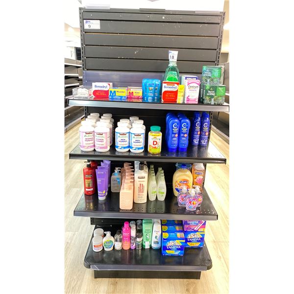 SHELF OF SHAMPOO, MEDICATIONS, TAMPONS, SOAP, CONDITIONER, SUNSCREEN, DEODORANT & MORE