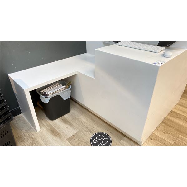 WHITE MODERN L-SHAPED COMMERCIAL CHECKOUT STAND APPROX 56"W X 49.2"D X 40"H