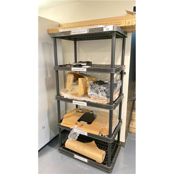 BLACK PLASTIC 5 TIES SHELF UNIT AND CONTENTS - LIGHT BULBS, PACKING PAPER AND SMALL BOXES