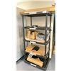 Image 1 : BLACK PLASTIC 5 TIES SHELF UNIT AND CONTENTS - LIGHT BULBS, PACKING PAPER AND SMALL BOXES