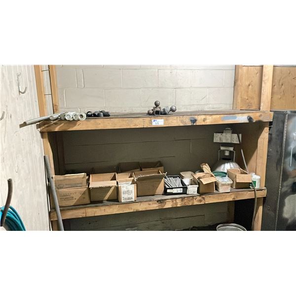 WOODEN SHELF OF ASSORTED HARDWARE, TRAILER HITCHES, SHEAR STUDS, MACHINE BOLTS, COOPER LIGHTING