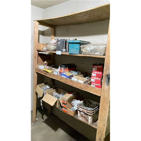 WOODEN SHELF OF ASSORTED BOLTS, SCREWS & HARDWARE