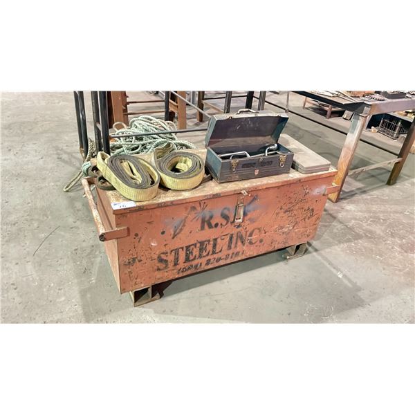 METAL INDUSTRIAL PORTABLE TOOLBOX WITH LIFTING STRAPS, 2 SMALL TOOLBOXES & ASSORTED HAND TOOLS