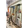 Image 1 : CONTENTS OF SHOP WALL INCLUDING LIFTING STRAPS, 3 PLATE CLAMPS, CHAIN HOIST, SCREW CLAMP & 3 ROLLER