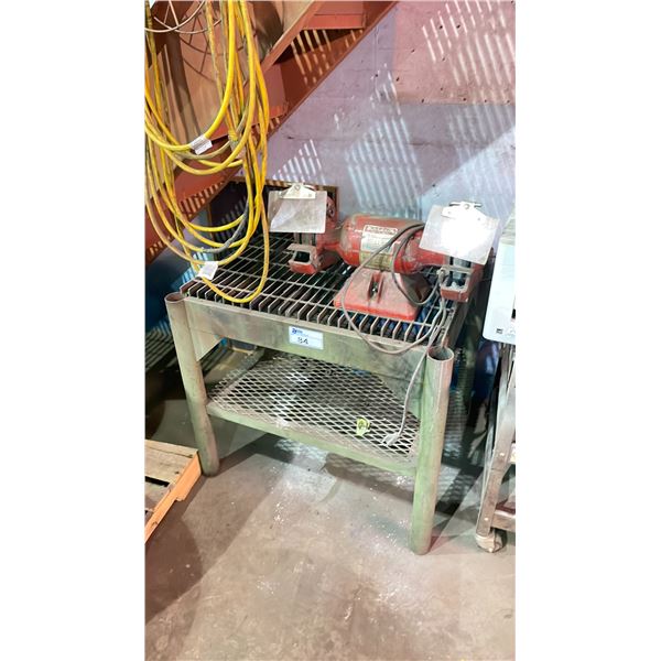 BALDOR 1/2HP ELECTRIC INDUSTRIAL DUAL BENCH GRINDER ON 2 TIER METAL STAND WITH EXTENSION CORD