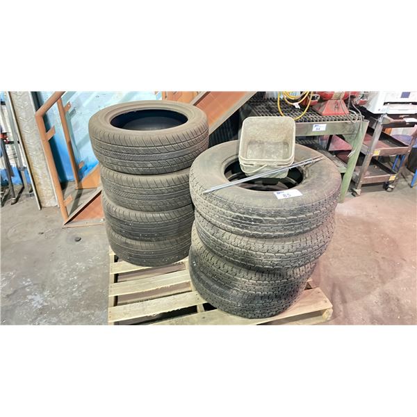 PALLET WITH SET OF 4 GOODYEAR ST225-75-R15 VEHICLE TIRES & SET OF 4 TIGERPAW 215-55-R17 94H M+S