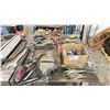 Image 1 : ASSORTED HAND TOOLS INCLUDING WIRE BRUSHES, BENCH VISE, SQUARES, JUMPER CABLES & SOCKETS
