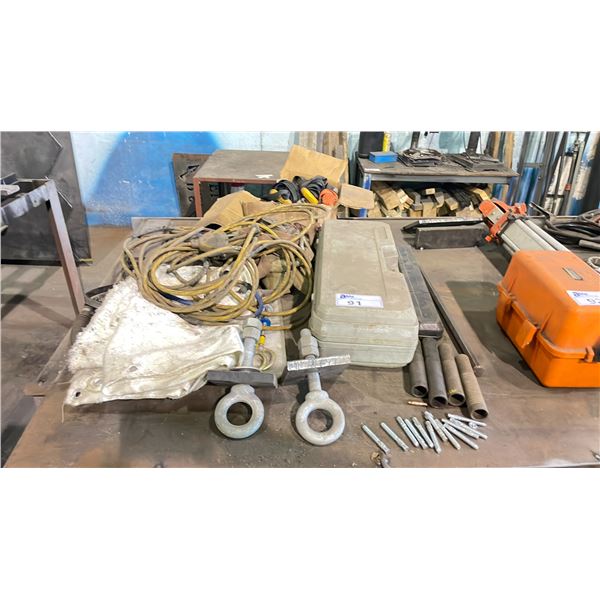 ASSORTED TIE DOWN STRAPS, WELDING COVER, FLOOR JACK, LEVEL & EYE HOOKS