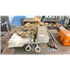 Image 1 : ASSORTED TIE DOWN STRAPS, WELDING COVER, FLOOR JACK, LEVEL & EYE HOOKS