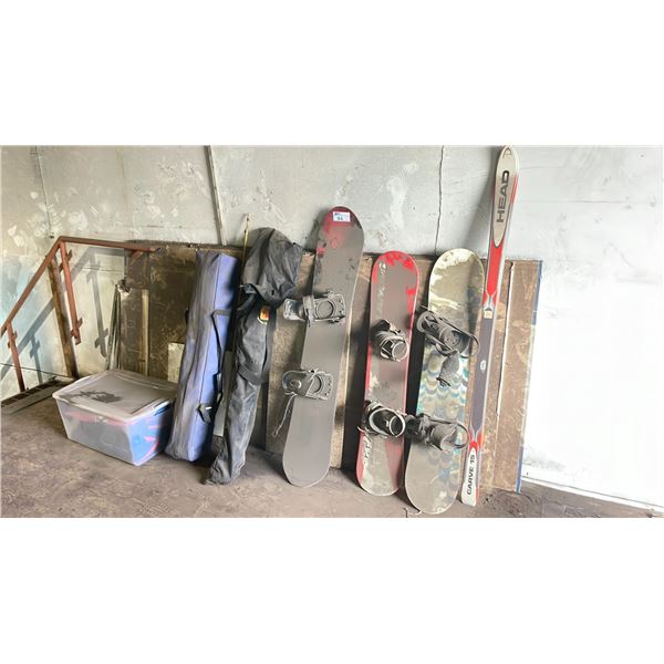 3 SNOWBOARDS, 2 PAIR OF SKIS, 10' POP UP TENT BUILDING & BIN OF ASSORTED OUTDOOR GEAR