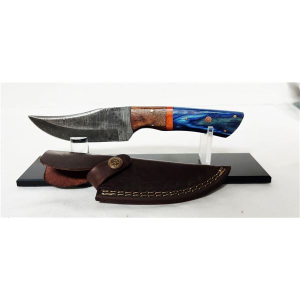 Blue & Brown-Damascus Steel knife & sheath