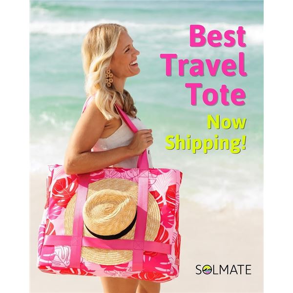 Solmate Beach tote bag and pink & red Stanley drinking cup