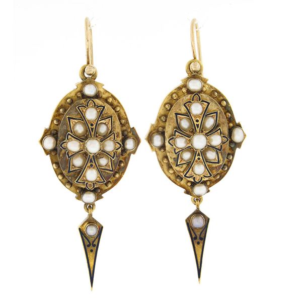 Antique Victorian 14k+ Gold Cultured Pearl Blue Enamel Drop Dangle Earrings