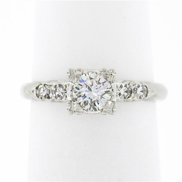 Vintage 14k White Gold 0.46 ctw Round Brilliant Diamond w/ Accents Engagement Ri