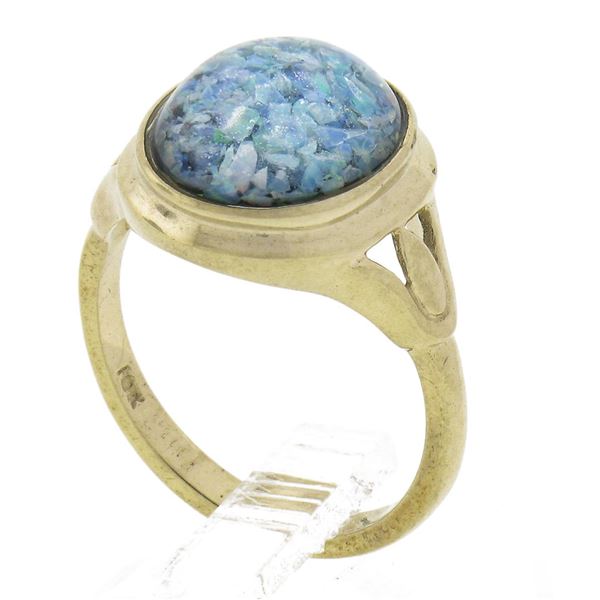 10K Yellow Gold Bezel Oval Triplet Opal on Black Onyx Domed Solitaire Band Ring