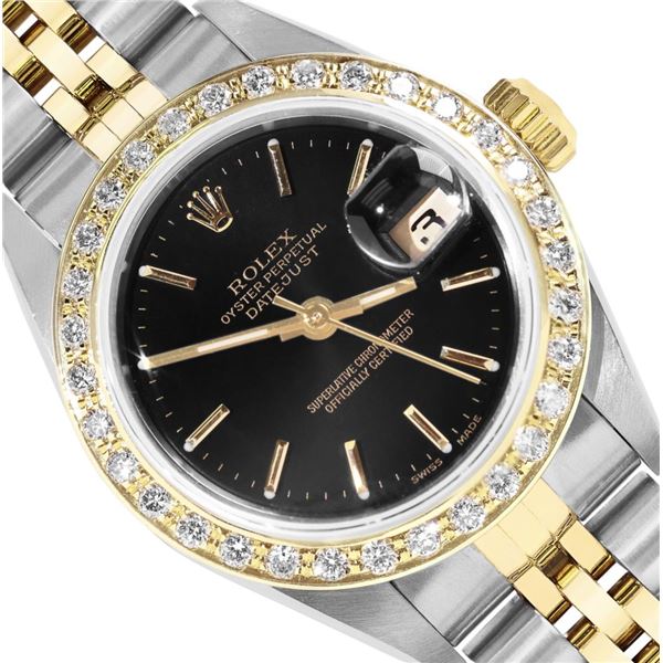 Rolex Ladies Sapphire Quickset Black Index Yellow Gold Diamond Bezel Datejust Wi