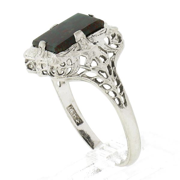 Antique Art Deco 14k White Gold Bloodstone Detailed Open Filigree Solitaire Ring
