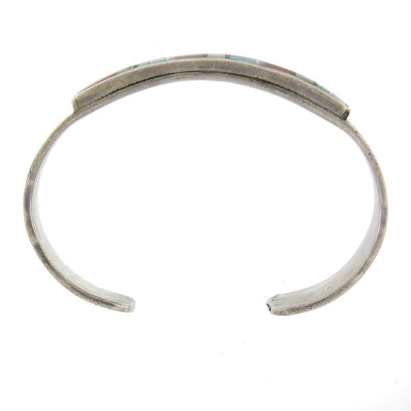Vintage Handmade Navajo Silver Inlaid Multi-Stones Open Cuff Bangle Bracelet