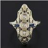 Image 2 : Antique Art Deco 18k White Gold 0.18 ctw Diamond Sapphire Open Etched Dinner Rin