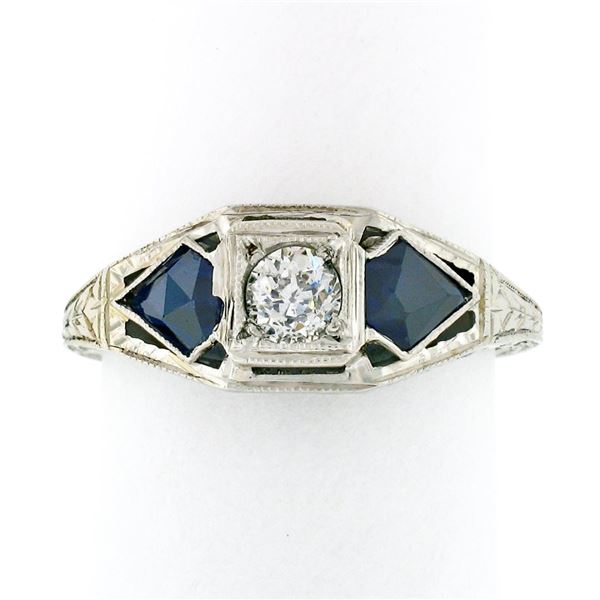 Antique Art Deco 18k White Gold .22 ctw Round Diamond Shield Sapphire 3 Stone Ri