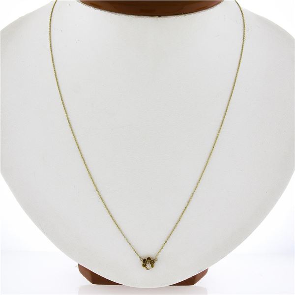 Antique 14k Gold 0.03 ctw Buttercup Diamond Solitaire Pendant w/ Adjustable Chai