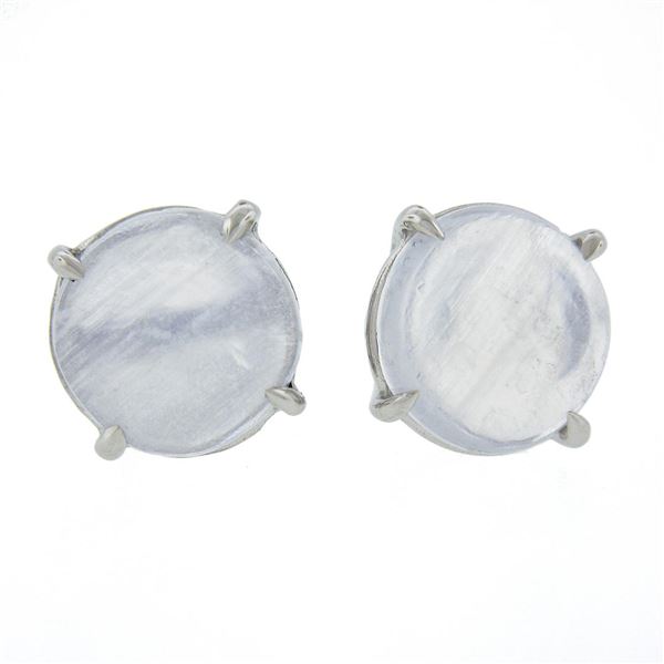 New 14K White Gold 3.54 ctw Round Cabochon Blue Prong Set Moonstone Stud Earring