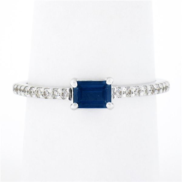 NEW 14K White Gold 0.62 ctw Rectangular Step Cut Sapphire Solitaire & Diamond Ri