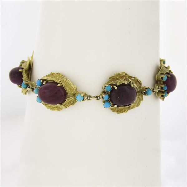 Vintage Gold 6.75" Cabochon Ruby & Turquoise Textured Leaf Link Bracelet