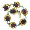 Image 4 : Vintage Gold 6.75" Cabochon Ruby & Turquoise Textured Leaf Link Bracelet