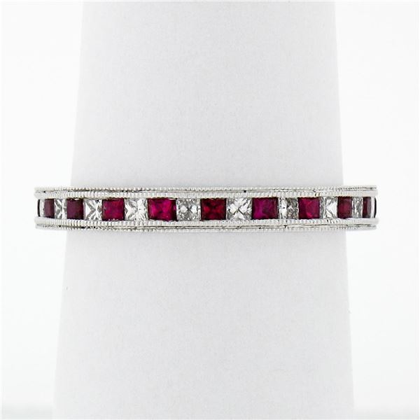 New.900 Platinum.92 ctw Calibre Ruby Diamond Double Milgrain Eternity Band Ring