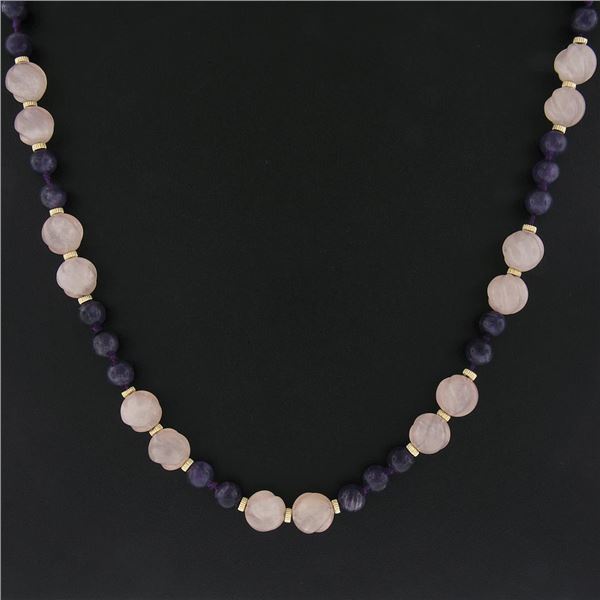 Carved Pink Quartz & Round Amethyst 14k Gold Spacers Clasp Long Strand Necklace