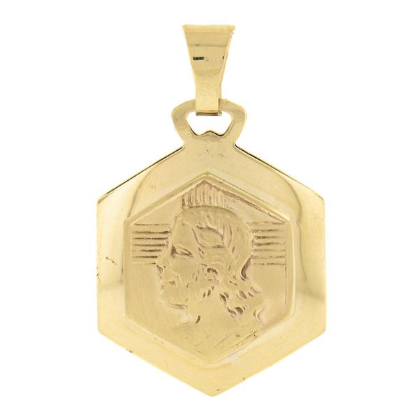 14k Yellow Gold Dual Finish Detailed Jesus Puffed Hexagonal Medallion Pendant